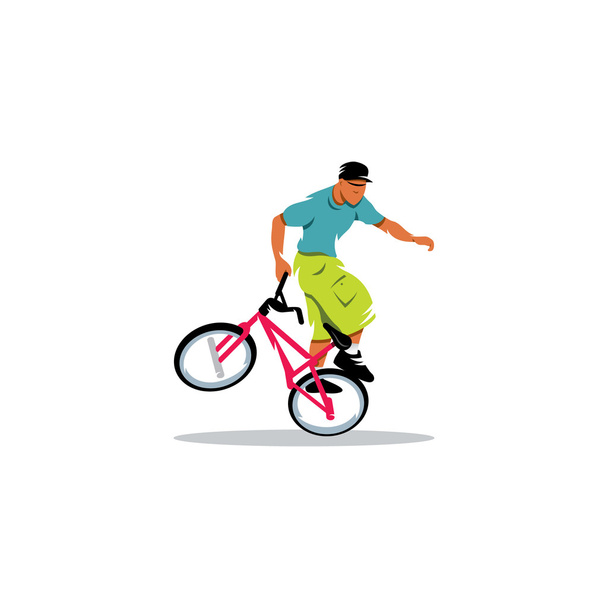 Der junge Mann trickst ein Fahrradschild aus. Vektorillustration. - Vektor, Bild