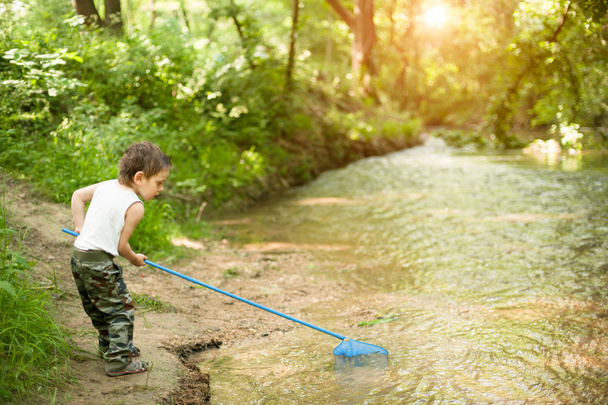 little boy, net, river, summer, heat, fishing, naughty, funny, forest - Foto, afbeelding