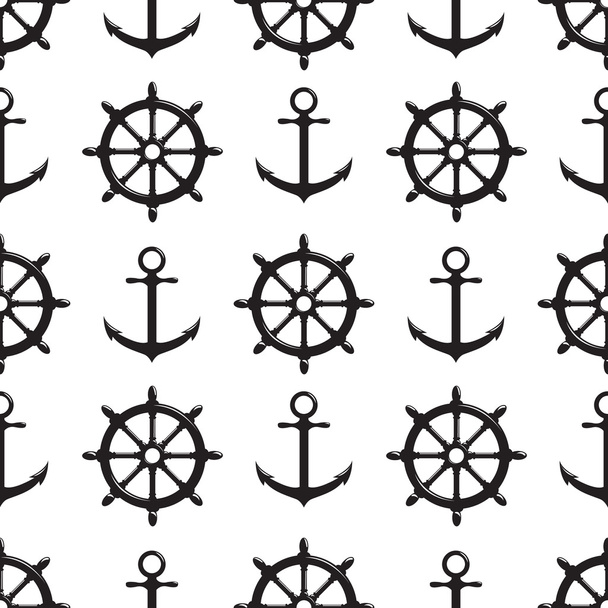 Seamless pattern with steering wheel and anchor on white background. - Διάνυσμα, εικόνα