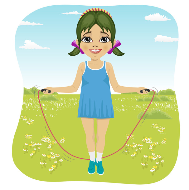 Seven years girl jumping with skipping rope in summer park - Vektor, kép