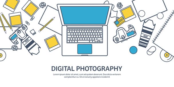 Lined fhotographer equipment on a table. Photography tools, photo editing, photoshooting outline flat background.  Digital photocamera with lens. Vector illustration. - Wektor, obraz