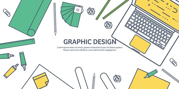 Lined, ouline flat graphic web design. Drawing and painting. Development. Illustration, sketching, freelance. User interface. UI. Computer, laptop. - Vector, Image