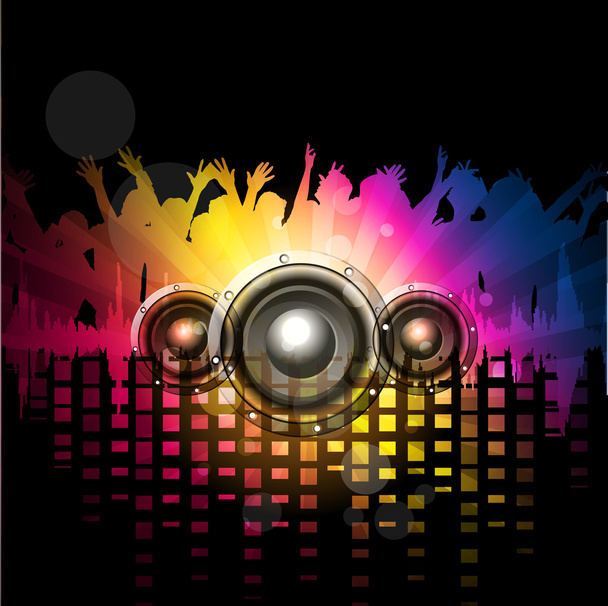 Musical rock night party background with speakers and silhouette. vector. - Vektori, kuva