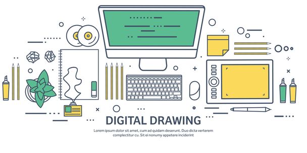 Lined, ouline flat graphic web design. Drawing and painting. Development. Illustration, sketching, freelance. User interface. UI. Computer, laptop. - Vector, afbeelding