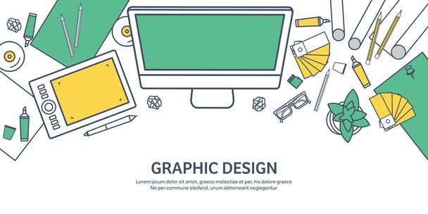 Lined, ouline flat graphic web design. Drawing and painting. Development. Illustration, sketching, freelance. User interface. UI. Computer, laptop. - Διάνυσμα, εικόνα