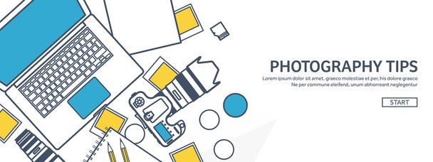 Lined fhotographer equipment on a table. Photography tools, photo editing, photoshooting outline flat background.  Digital photocamera with lens. Vector illustration. - Vector, Image