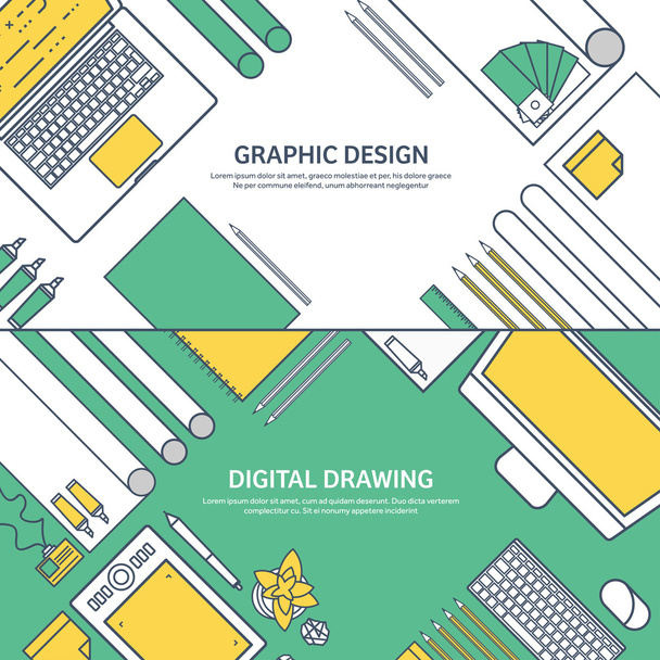 Lined, ouline flat graphic web design. Drawing and painting. Development. Illustration, sketching, freelance. User interface. UI. Computer, laptop. - Vektor, obrázek