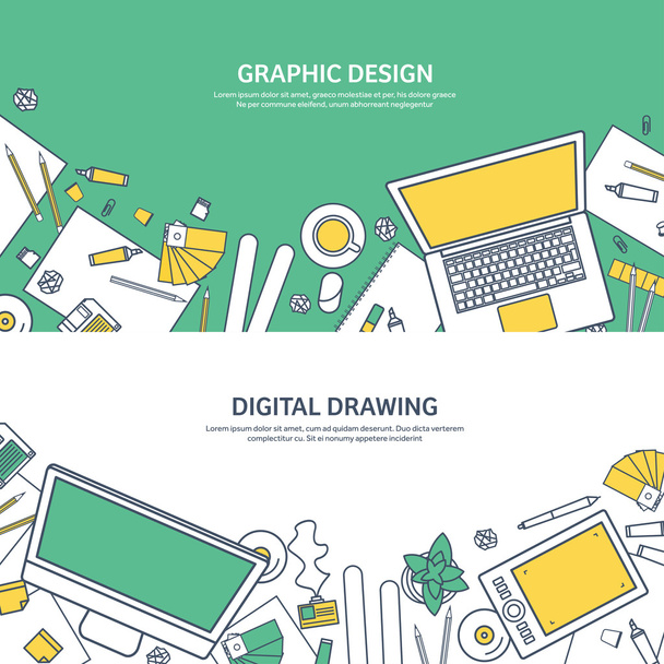 Lined, ouline flat graphic web design. Drawing and painting. Development. Illustration, sketching, freelance. User interface. UI. Computer, laptop. - Vektor, kép