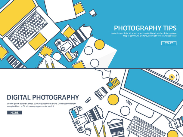 Lined fhotographer equipment on a table. Photography tools, photo editing, photoshooting outline flat background.  Digital photocamera with lens. Vector illustration. - Vektör, Görsel