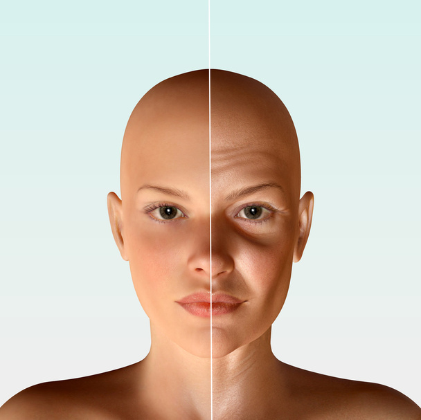 3D-Illustration des gleichen jungen und alten faltigen Gesichts - Foto, Bild