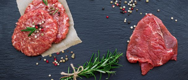 Fresh raw meat and burger cutlets - Photo, Image