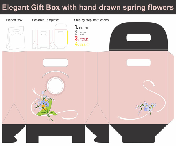 Šablona krabičce ve tvaru obálky s ručně kreslenou jarní květi - Vektor, obrázek