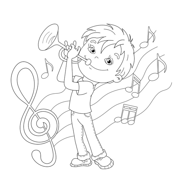 Coloring Page Outline Of cartoon Boy playing the trumpet - Вектор,изображение