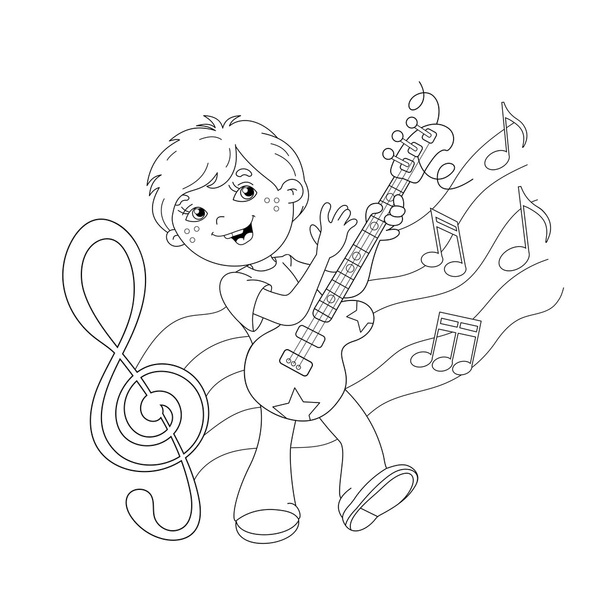 Coloring Page Outline Of cartoon boy playing guitar  - Вектор,изображение