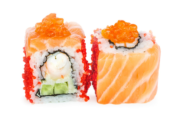 Uramaki maki sushi, deux rouleaux isolés sur blanc
 - Photo, image