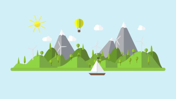 zelené ekologie plochá krajina s Větrná elektrárna a plachetnice 4k kreslené animace  - Záběry, video