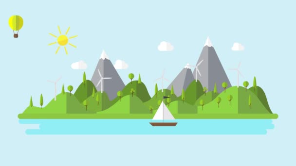 ecología verde paisaje plano con planta de energía eólica y barco de vela 4k animación de dibujos animados
  - Imágenes, Vídeo