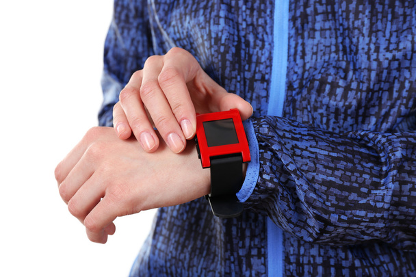 Red sport watch on female wrist - Zdjęcie, obraz