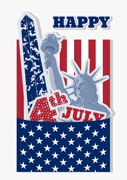 Kolaż dla celebracja czwarty lipca Usa. Statua wolności, flagi i pomnik. Styl retro, amerykański symboli. - Wektor, obraz
