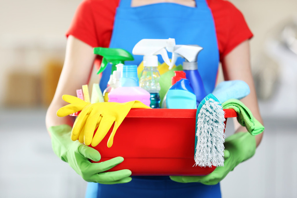 woman holds basin with cleaning supplies - Foto, Imagem