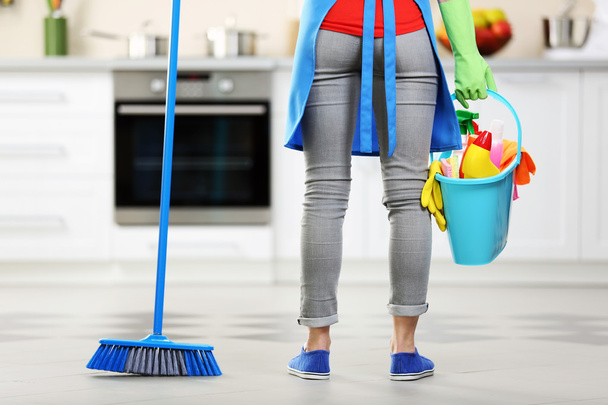 Woman with floor mop and bucket  - Fotoğraf, Görsel