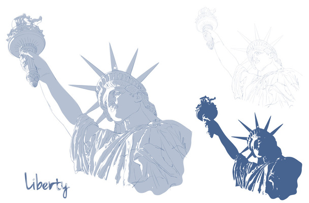 アメリカの国旗の前での自由の女神像。第 4 回 7 月の祭典米国の設計。アメリカのシンボル. - ベクター画像