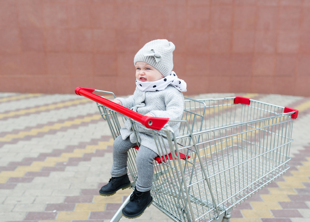 La bambina siede nel carrello per gli acquisti
. - Foto, immagini
