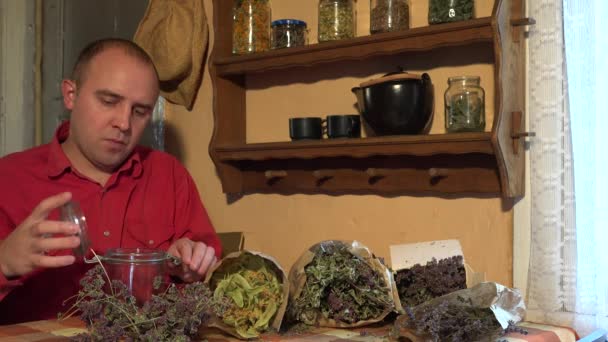 přírodovědec bylinkář muž dal sušeného tymiánu byliny do sklenic. 4k - Záběry, video