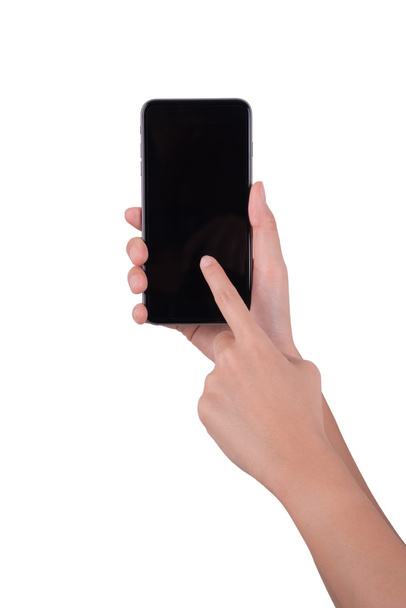 woman hand holding the phone tablet isolated on white background - Fotó, kép