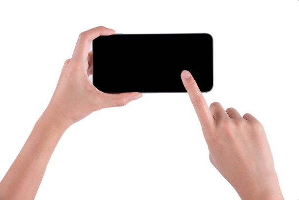 nő kezében a telefon tablet elszigetelt fehér background - Fotó, kép