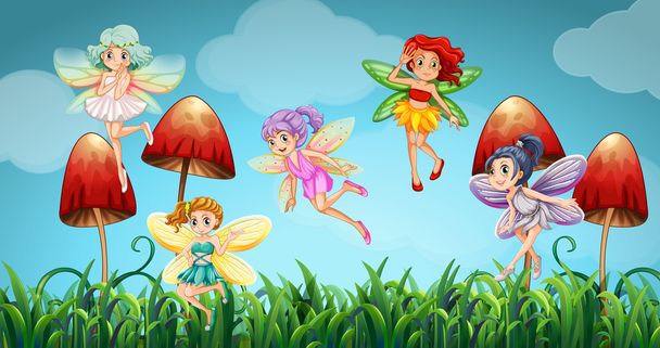 Fairies flying in the mushroom garden - Vector, Image
