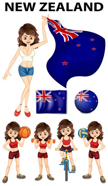 Bandera de Nueva Zelanda y atleta mujer
 - Vector, imagen