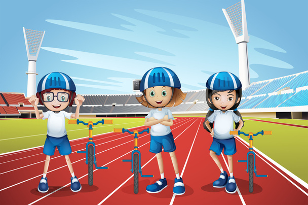 Three kids riding bike on the track - Vector, Image
