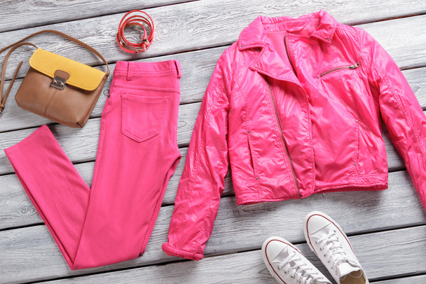Bright pink jacket and pants. - Foto, afbeelding