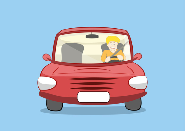 Vektor-Illustration eines jungen glücklichen Mannes am Steuer eines roten Autos. Folge 10 - Vektor, Bild