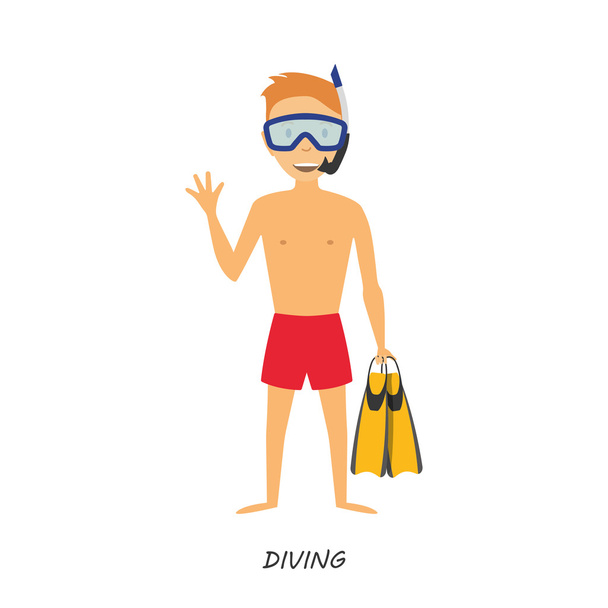 Figura mergulhador em estilo cartoon no fundo branco. Descanso
.  - Vetor, Imagem