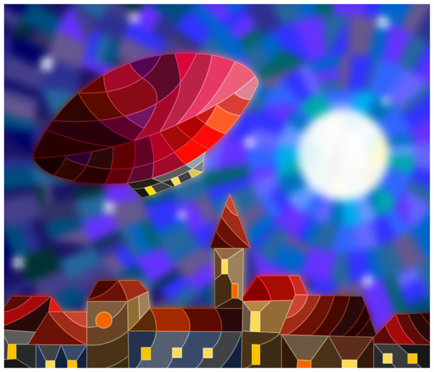 Illustration in Glasmalerei Luftschiff über einer Stadt bei Nacht zwischen Sternen und Mond, nächtliches Stadtbild - Vektor, Bild