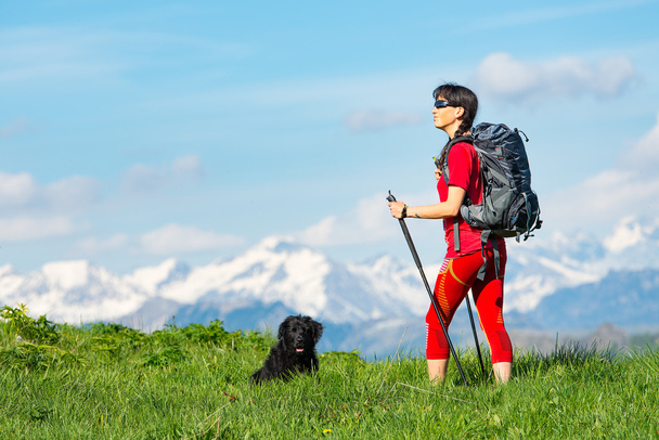 Lány gyakorló trekking a hegyekben, a juhászkutya - Fotó, kép