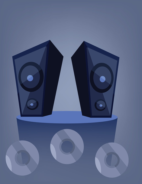 Two blue music speakers on a deck over a blue background with dvd and cd disks. Digital vector image. - Vector, Image