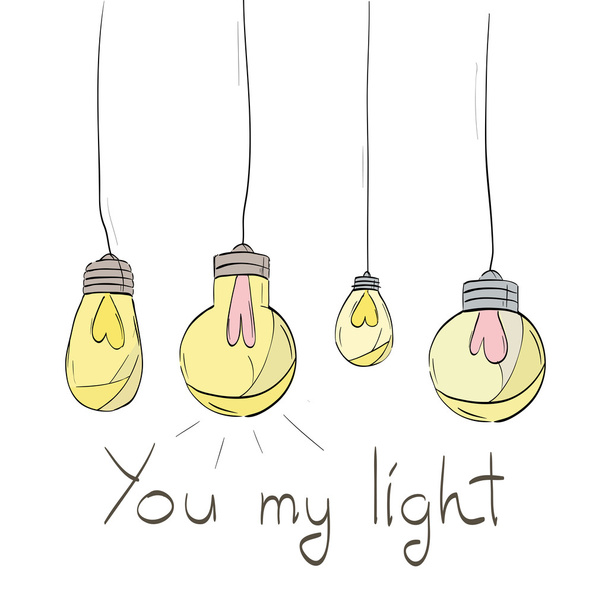 Hand drawn. Glowing bulb with heart - Vector, Image