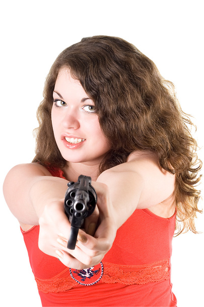 Молода жінка з револьвером. Ізольовано на
 - Фото, зображення