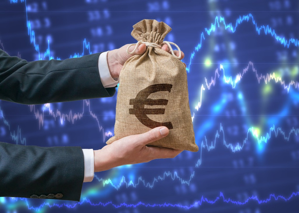 Економіка єврозони. Бізнесмен тримає мішок з грошима з євро знак. - Фото, зображення