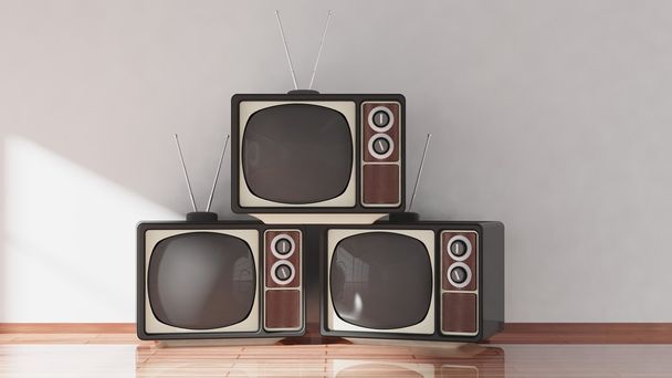 Televisores antiguos en el suelo de madera, interior del hogar. Renderizado 3D
 - Foto, imagen