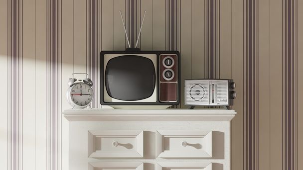 Антикварный телевизор, будильник и радио на шкафу, домашний интерьер. 3D рендеринг
 - Фото, изображение