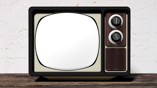 TV antiga com tela em branco na superfície de madeira. Renderização 3D
 - Foto, Imagem