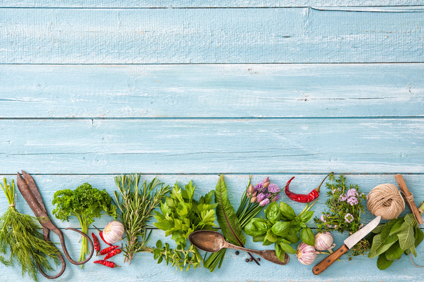 fresh herbs and spices on wooden table - Φωτογραφία, εικόνα