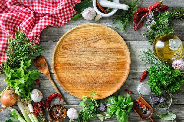 fresh herbs and spices on wooden table - Photo, image