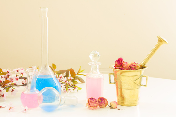 aromatherapy - dry flowers and potions - Foto, afbeelding