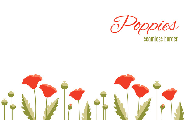 Repeatable flower border with red poppies and green leaves. Floral pattern. - Vector, Image