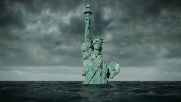 Apocalyptic water view. Old Statue of liberty in Storm. 3d animation - Video